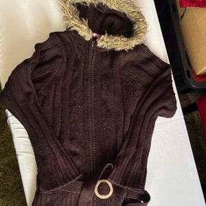 Deb 🍫Brown Hooded Cardigan, Faux Fur Trim, waist belt. Y2K wmns 1X 2000s